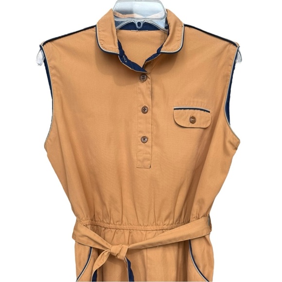 Vintage 70s Collared Midi Dress Size 12 14 Sleeveless Cotton Orange Tan Navy - Picture 3 of 8